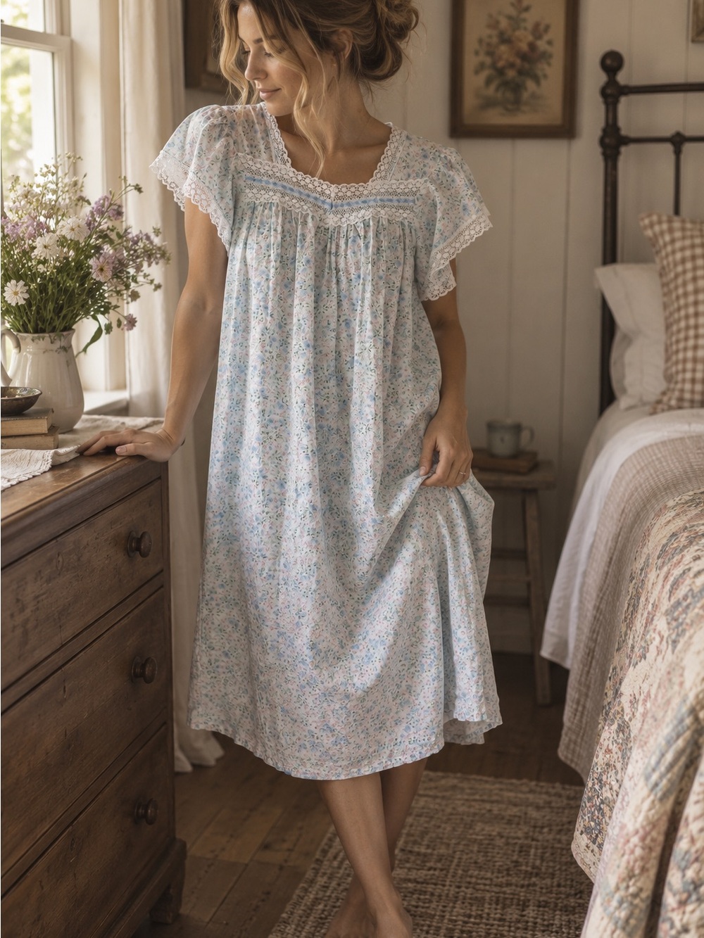 Floral Cotton Blend Cottagecore Nightgown with Lace Trim - Light Blue